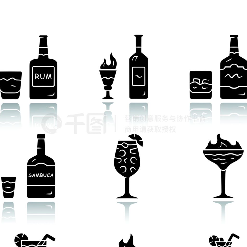 饮料下降阴影黑色标志符号图标设置朗姆酒,苦艾酒,威士忌,桑布卡,桑格利亚汽酒,飓风,烈性鸡尾酒和高弹玻璃杯酒类聚会孤立的矢量插图